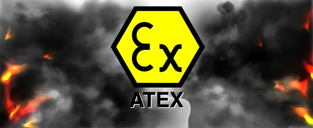 ATEX 防爆標誌 Ex,背景為火焰與煙霧