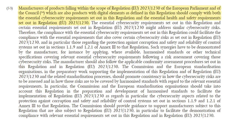 EU 2023/1230 條文摘錄,說明具數位元素機械產品的網路韌性要求適用範圍